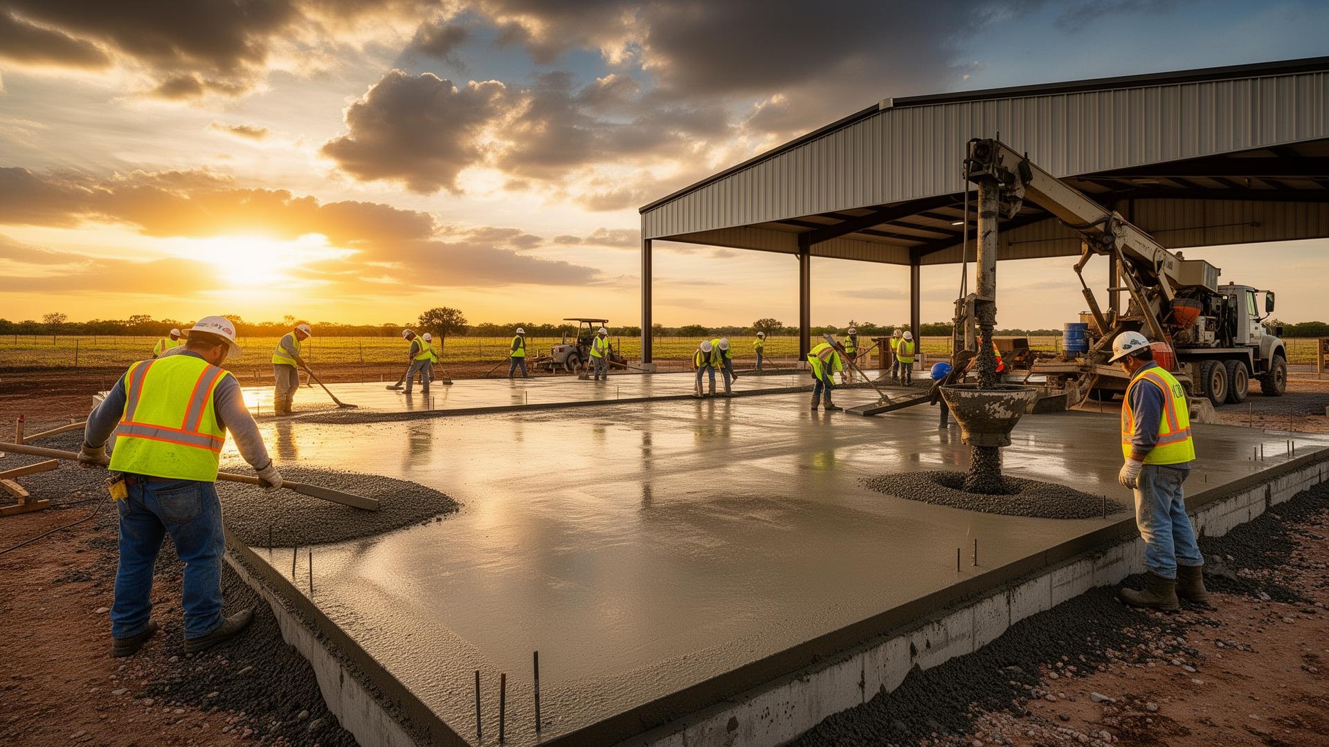 Concrete crew pouring a slab for a metal building in Pleasanton TX